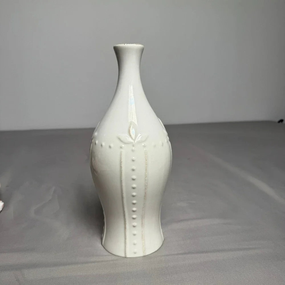White Ceramic Bud Vase Embossed Floral Dotted Detail Iridescent Gloss 11.5 inch